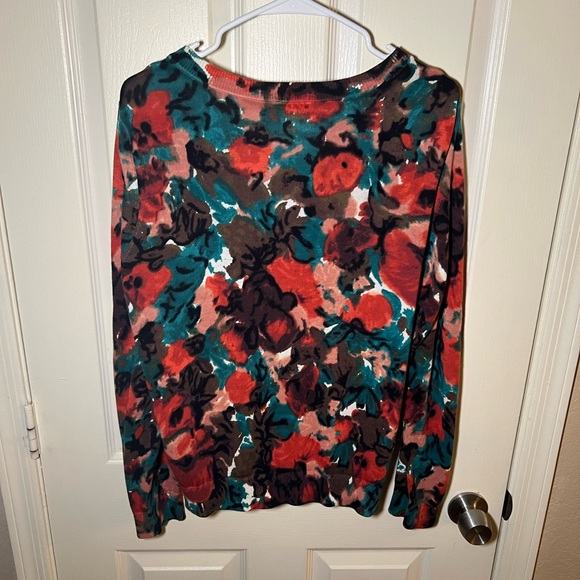 Talbots Floral Cardigan Size XL Cotton Blend Button Front Sweater Teal Rust - Picture 9 of 10
